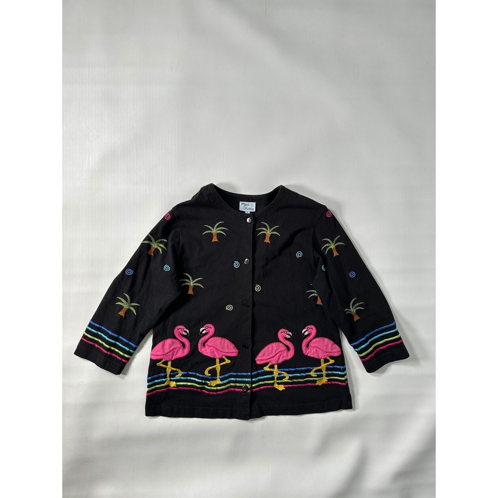 Phat Katz Vintage Y2k Black Flamingo Palm Tree Embroidered Cardigan Women Size S